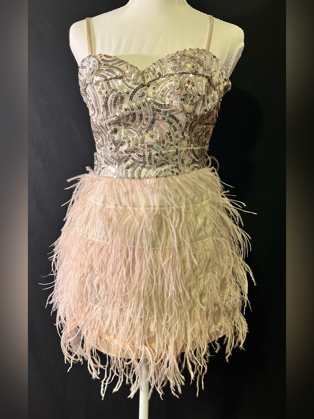 BEBE Isis Sequin Ostrich Feather Cocktail Mini Dress Blush XS